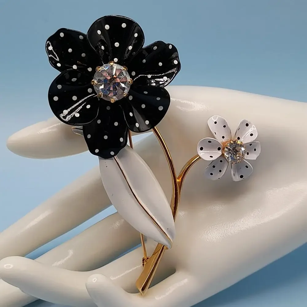 Vintage Avon Black White Dot Large Flower Brooch, 2002